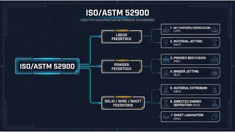 ISO/ASTM 52900 taxonomy matrix organizing the seven additive manufacturing process categories by feedstock state and consolidation mechanism