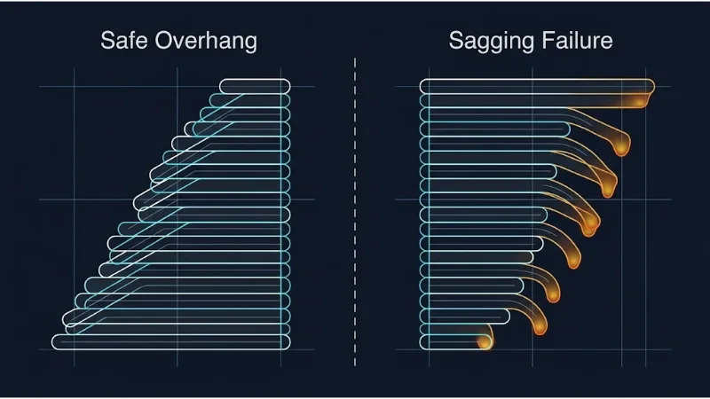Geometric mechanics comparing safe 30 degree overhang with stable stacking versus severe overhang exhibiting gravitational sagging failure