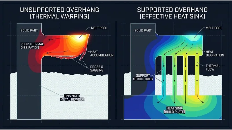 Comparative engineering diagram showing thermal warping in unsupported overhangs versus efficient conductive heat dissipation through support structures
