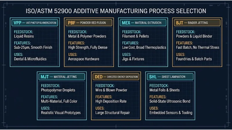 Engineering decision-tree flowchart mapping material constraints, tolerances, and post-processing steps to recommend appropriate ISO/ASTM 52900 processes
