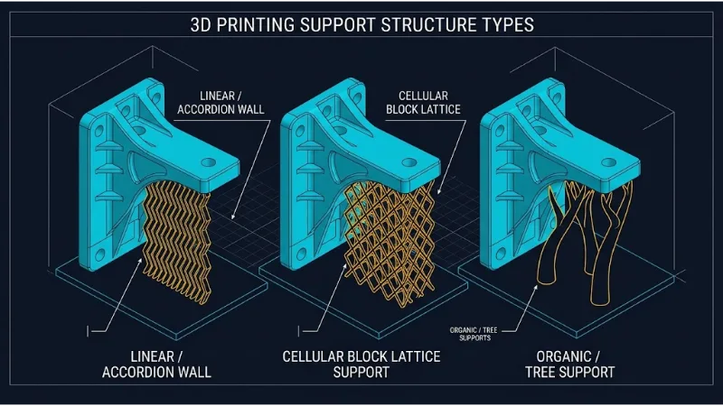 Comparison of three support structures: linear accordion wall, cellular block lattice, and organic tree support on a cantilever bracket